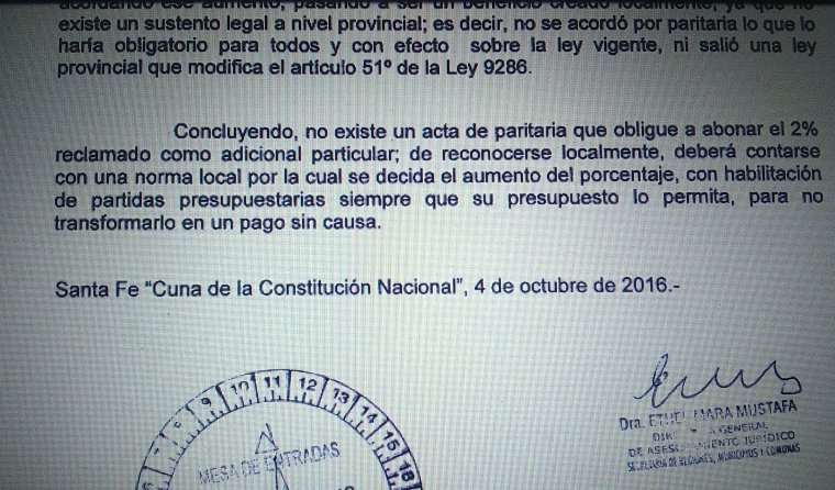 Dictamen de la provincia favorable a las Comunas que no pagan el 2%