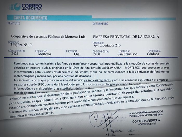 CoopMorteros demanda soluciones a la EPEC por cortes reiterados